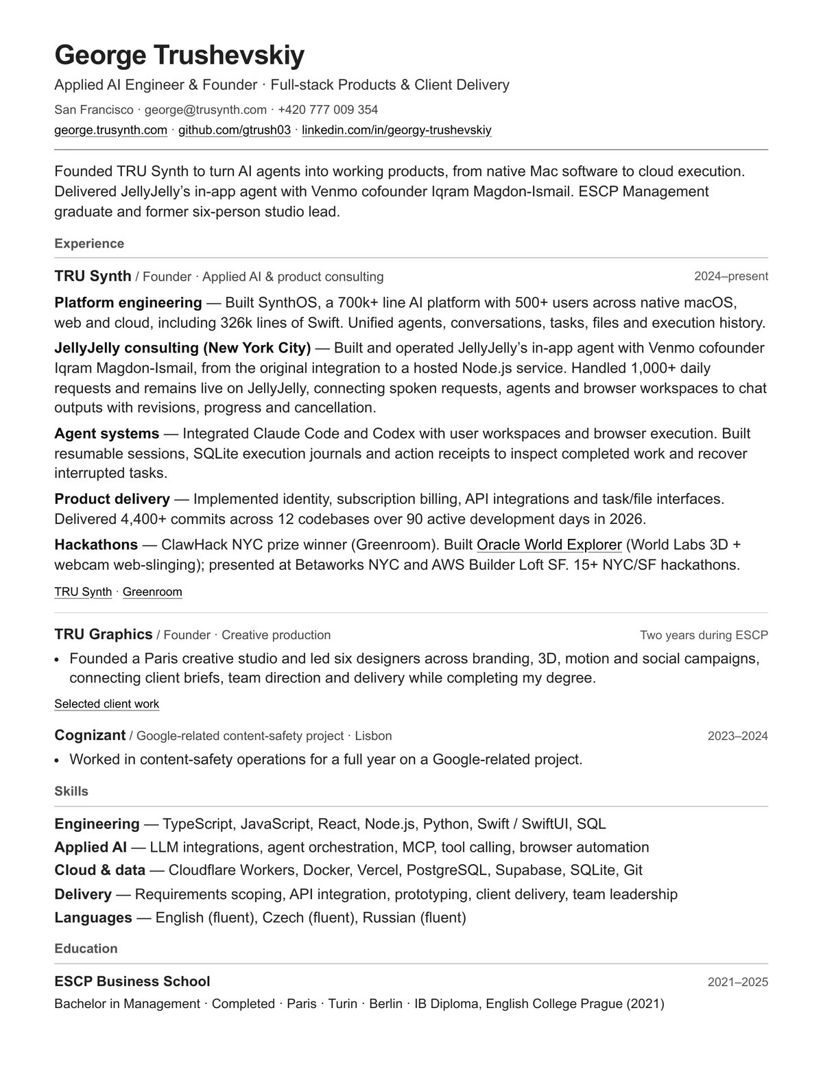 Page one of George Trushevskiy’s resume